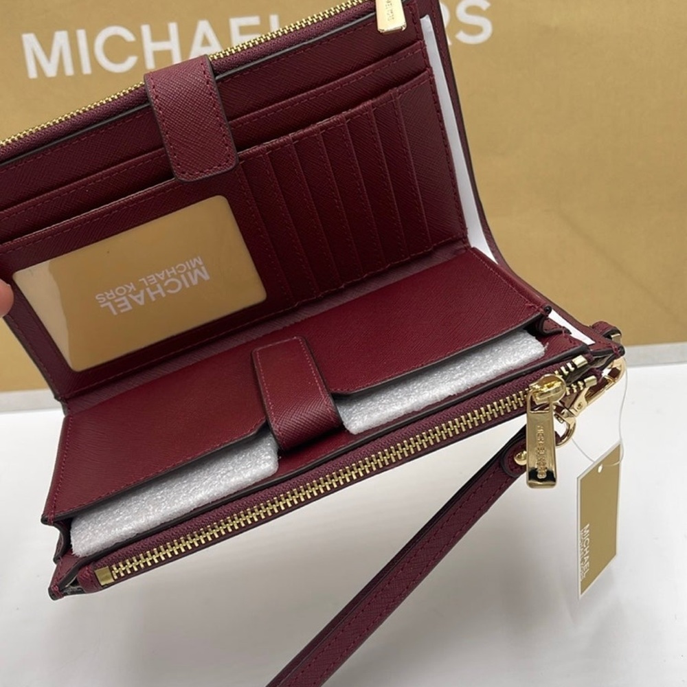 MICHAEL KORS Jet Set Travel LG Double Zip Wristlet Wallet Leather Dark Cherry - Picture 10 of 16